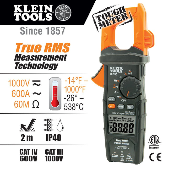 Klein CL700 AC Auto-Ranging LOZ Digital Clamp Meter, Orange