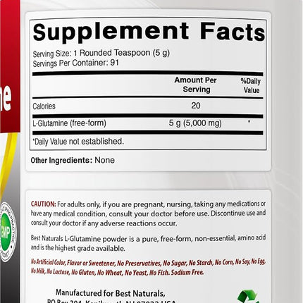 Best Naturals L-Glutamine Powder - 1 Pound - 100% Pure and free form - Glutamine Recovery Powder - Clinically Proven Recovery Aid for Men and Women