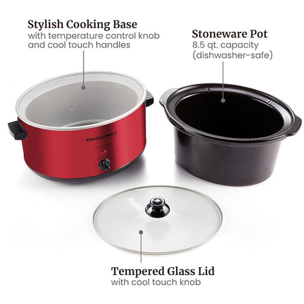 Olla de cocción lenta eléctrica de cerámica extragrande Elite Gourmet MST-900RXT#, temperatura ajustable, para platos principales, salsas, guisos y dips, tapa y olla de cerámica aptas para lavavajillas, 8.5 cuartos de galón, roja