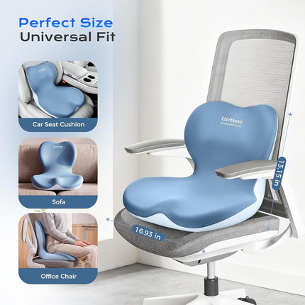 Coverado Car Seat Cushion and Lumbar Support Pillow One Piece, Memory Foam Ergonomic Back Support Driving Seat Cushion for Back Pain, Non-Slip Washable Cushion for Car, Driver, Office