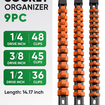 ALOANES 9 PC ABS Socket Organizer, 1/2 inch, 3/8 inch and 1/4 inch Drive Socket Rail Holders, Heavy Duty Socket Racks, Black Rails with Orange Clips