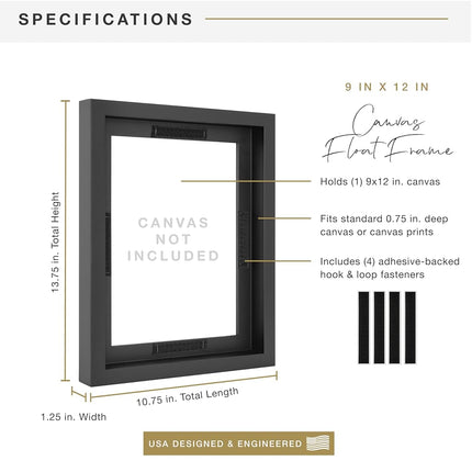 Cadres flottants MCS Canvas 9x12, cadre noir pour toiles finies, cadre mural vertical et horizontal avec adhésif pour peintures sur toile (1-pack)