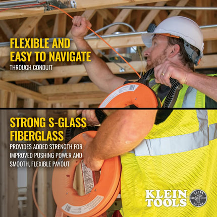 Fish Tape, Multi-Groove Fiberglass Wire Puller with Nylon Tip, Optimized Housing and Handle, 15 m, Klein Tools 56382