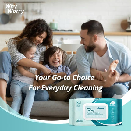 WhyWorry Flushable Wipes for Adults, Extra Large 20x25 cm Flushable Toilet Wipes with Chamomile & Vitamin E, Moist Toilet Tissues, 100% Plant-Based, Biodegradable, Hypoallergenic, Unscented, 384 Count
