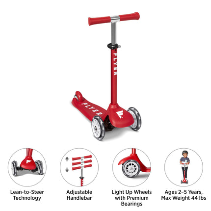 Kids Scooter, Toddler Scooter, Flyer Glider Jr. with Light Up Wheels, Red, Radio Flyer Ride On Toys for Kids 2-5 Years Old, for Outdoor Riding