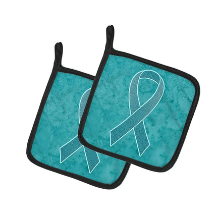 Caroline's Treasures Teal Ribbon For Ovarian Cancer Awareness Pair of Pot Holders, 7.5HX7.5W, Multicolor