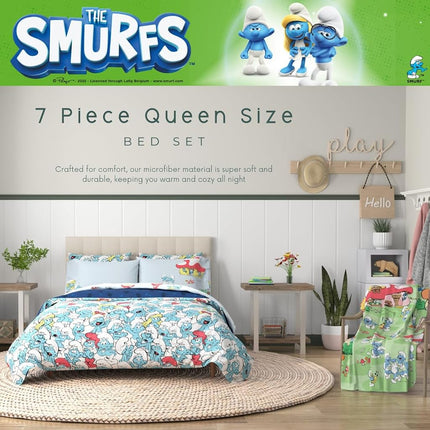 Franco The Smurfs Kids Bedding Super Soft & Cozy Reverisble Microfiber Comforter and Sheet Set with Sham, 7 Piece Queen Size, (Officially Licensed Product)