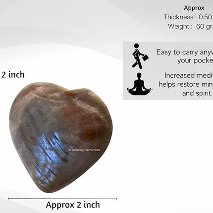 Amazing Gemstone Sun Moonstone Crystal Heart Palm Stone - Pocket Massage Worry Stone for Natural Body Chakra Balancing, Reiki Healing and Crystal Grid