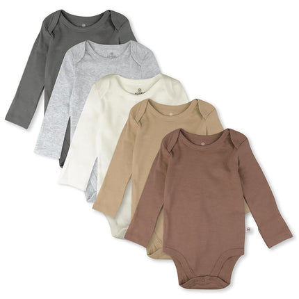 HonestBaby Baby Boys' 5-pack Long Sleeve Bodysuits One-piece 100% Organic Cotton for Infant Baby Boys', Unisex, Sandstorm, 0-3 Months