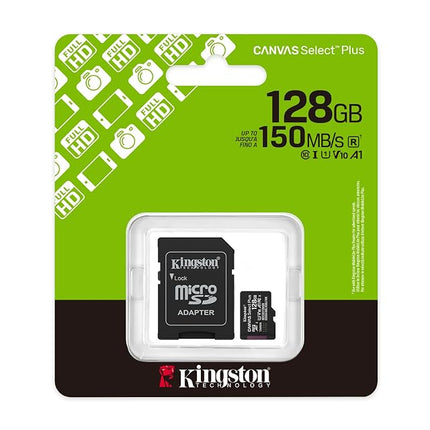 Kingston Canvas Select Plus microSD Memory Card 128GB microSDXC Gen3 150MB/s A1 Card + Adapter - SDCS3/128GB