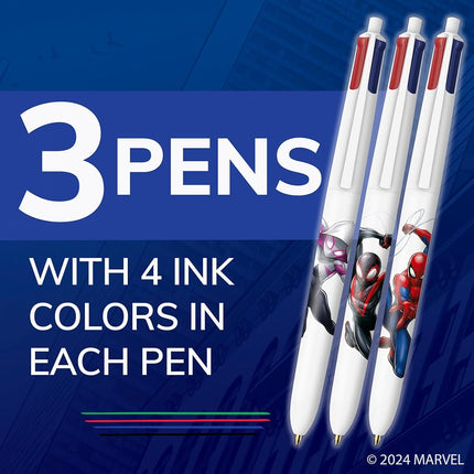 BIC Marvel Spider-Man Theme Retractable Ballpoint Pens, 4 Colours - Multi Purpose Medium Point - Assorted Ink - 3 Pack