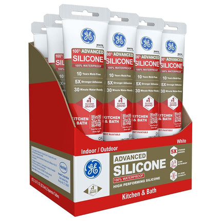 GE Advanced Silicone Caulk for Kitchen & Bathroom, White, 2.8 fl oz Tube, 12 Pack - 100% Waterproof Silicone Sealant, 5X Stronger Adhesion, Shrink & Crack Proof
