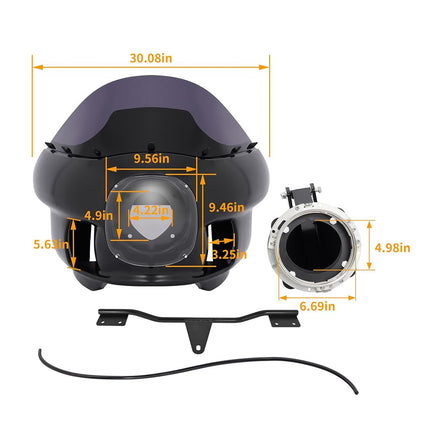 Carénage avant et support de phare ECOTRIC compatibles avec Harley Dyna Wide Glide FXDWG/I 2006-2017, Super Glide FXD/I, Custom FXDC/I, Street Bob FXDB/I, Low Rider FXDL/I avec pare-brise en plastique acier fumé