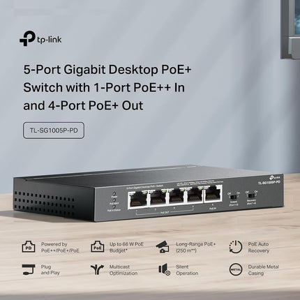 TP-Link TL-SG1005P-PD | 5 Port PoE Passthrough Gigabit Ethernet Switch | 1 PoE++ In@90W, 4 PoE+ Output up to 66W | Plug & Play | Extend Mode | QoS, IGMP, PoE Auto Recovery | PoE Powered ONLY | Fanless