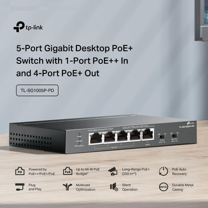 TP-Link TL-SG1005P-PD | 5 Port PoE Passthrough Gigabit Ethernet Switch | 1 PoE++ In@90W, 4 PoE+ Output up to 66W | Plug & Play | Extend Mode | QoS, IGMP, PoE Auto Recovery | PoE Powered ONLY | Fanless
