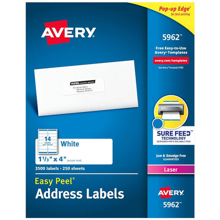 Avery Easy Peel Address Labels for Laser Printers 1-1/3" x 4", Box of 3,500 (5962)