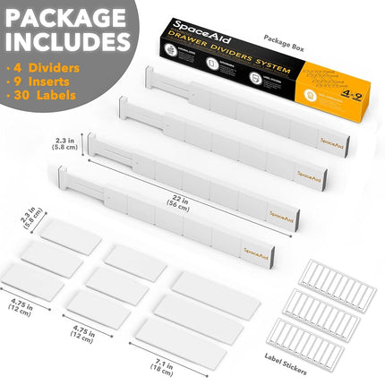 SpaceAid Bamboo Drawer Dividers with Inserts and Labels, Kitchen Adjustable Drawer Organizers, Expandable Organization for Home, Office, Dressers, 4 Dividers with 9 Inserts (17-22 in), White