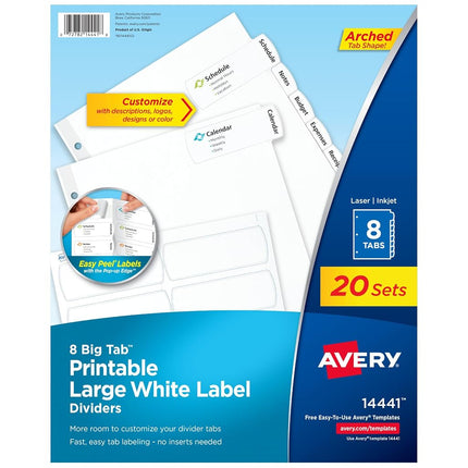 Avery Big Tab Printable Large White Label Dividers with Easy Peel, 8 Tabs, 20 Sets (14441)