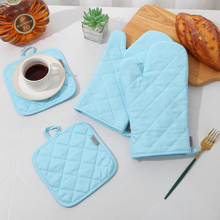 M MIAOYAN Oven Mitts and Pot Holders 4 pcs Set,High Heat Resistant 500 Degree Extra Thicken Long Kitchen Cotton Oven Glove for Cooking (12 Inch,Light Blue)