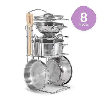 Melissa & Doug Stainless Steel Pots and Pans Pretend Play Kitchen Set for Kids (8 pcs), Silver