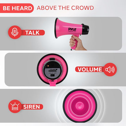 Pyle Megaphone Speaker with Siren Alarm – Portable 20W Bullhorn PA System with Microphone, Battery Powered, Adjustable Volume, Foldable Handle, Up to 365 m (400 Yard) Range – Pink