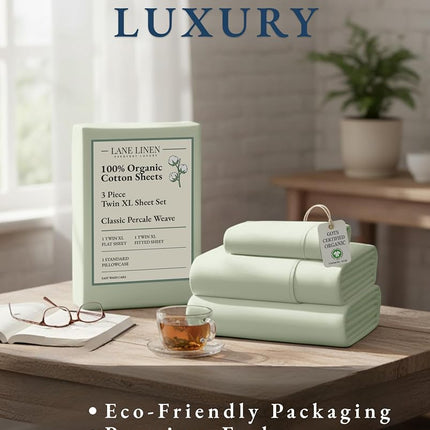 Lane Linen Twin Size XL 100% Organic Cotton Mercerized Soft and Comfortable Percale Sheet Set Perfect for Hospital or Dorm Beds, Hotel Luxury - Mineral