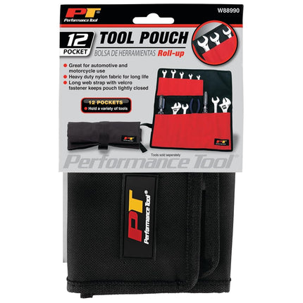 PERFORMANCE TOOL W88990 Heavy Duty Nylon 12 Pocket Tool Pouch with Velcro Fastener and Color Sleeve, Ideal for Automotive and Motorcycle Use