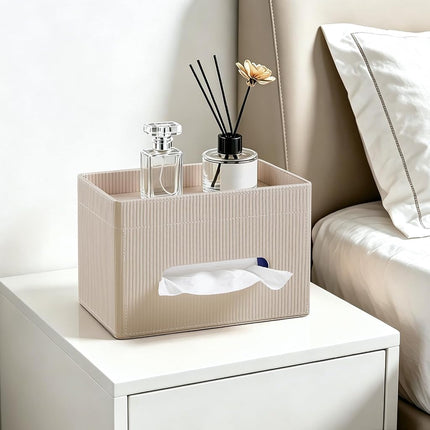 Cretkhp Rectangular Tissue Box Cover with Storage Tray, PU Leather Tissue Box Holder for Bathroom Vanity Countertop Night Stands Bedroom Office Desk, Stylish Tissue Holder Decorative Organizer (Beige)