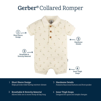 Gerber Baby Boys Cotton Polo Romper, Palm Tree Stripe, 12 Months
