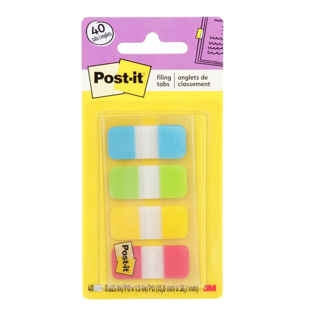 Post-it Tabs, 5/8" Solid, Aqua, Yellow, Pink, Purple, Durable, Writeable, Repositionable, Sticks Securely, Removes Clean, 10/Colour, 40/Dispenser (676-AYPV)
