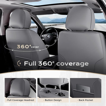 Coverado Seat Covers Full Set, 5 Seats Seat Covers for Cars, Waterproof Nappa Leather Car Seat Covers with Head Pillow, Seat Protectors Car Seat Cushion Universal Fit for Most Cars (Gray&White)