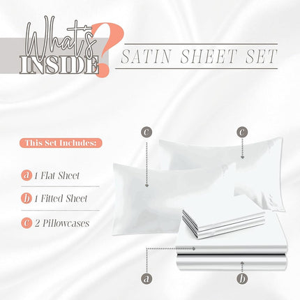 Elegant Comfort Luxurious 4-Piece Silky Satin Sheet Set, Skin and Hair Friendly, Wrinkle, Fade, Stain Resistant with Deep Pockets Fitted Sheet, Cooling Soft Satin Sheet Set, Twin, White