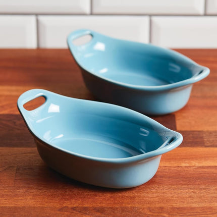 Rachael Ray Set de Cerámica para Gratinar, Ovalado, Dos de 12 onzas, Azul Agave