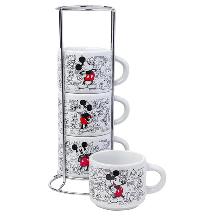 Silver Buffalo Disney Mickey Mouse Vintage Sketches Art 4pc Stackable Ceramic Espresso Small Cup Set, 3 Ounces