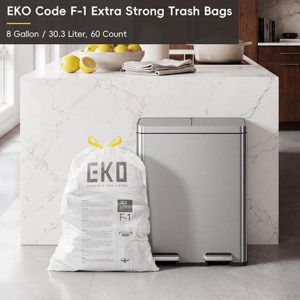 EKO Easy-Dispense Roll 60 Count Extra-Strong Drawstring Trash Bags, 8 Gallon Garbage Bags, Clear White Can Liners, Code F-1, Extra-Long Custom Fit Dual Compartment Recycler