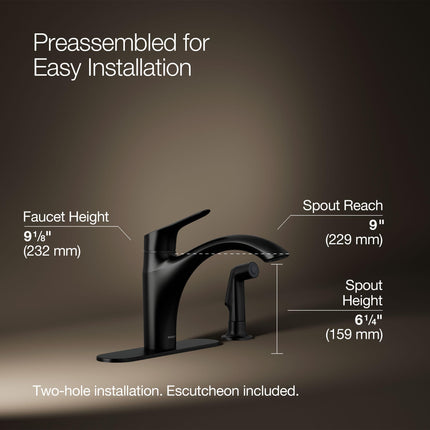 Kohler 30471-BL Rival Single Handle Swing Spout Kitchen Faucet Spray, Pull-Out Side Sprayer, Matte Black
