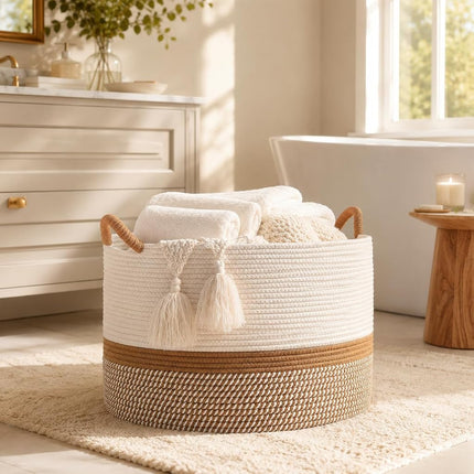 KAKAMAY Large Blanket Basket (20"x13"),Woven Baskets for storage Baby Laundry Hamper, Cotton Rope Blanket Basket for Living Room, Laundry, Nursery, Pillows, Baby Toy chest (White/Brown)