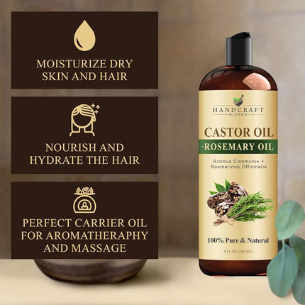Handcraft Blends Castor Oil with Rosemary Oil - 8 Fl Oz - 100% Pure and Natural - Premium Grade Oil for Hair Growth, Eyelashes and Eyebrows - Carrier Oil - Hair and Body Oil