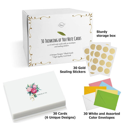Dessie 30 Thinking of You Cards With Envelopes. 30 4x6 Inch Note Cards with Envelopes - Blank Inside with 6 Unique Floral Designs. White & Colorful Envelopes and Gold Seals In Sturdy Storage Box