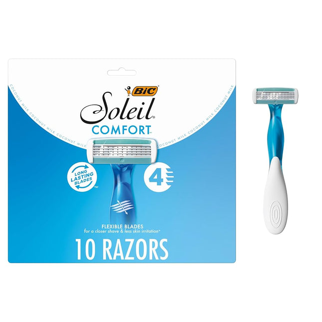BIC Soleil 4 Women's Disposable 4-Blade Razors, Flexible Pivoting Head and Non-Slip Grip Handles, 10-Pack