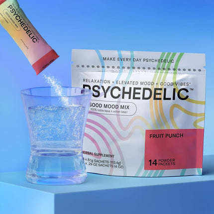 Psychedelic Water Good Mood Mix - Fruit Punch - Powder Packets - Calming Kava Drink Mix - Easy Open Single-Serving - Flavored Kava Powder - Mucuna Pruriens - Stevia - Adaptogen Drink Mix - 14 Stick