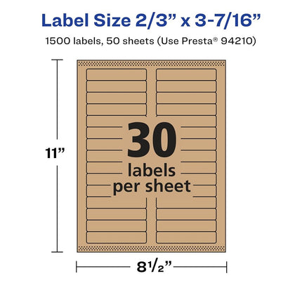 Avery Kraft Brown Rectangle Labels with Sure Feed, 2/3" x 3-7/16", 1,500 Kraft Brown Labels, Laser/Inkjet Printable Labels
