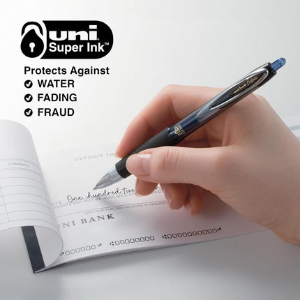 Uni-Ball® 207™ Retractable Fraud Prevention Gel Pens, Micro Point, 0.5 mm, Black Barrels, Blue Ink, Pack Of 12