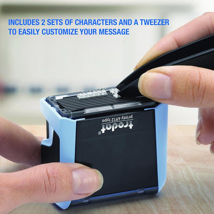 Trodat Printy 4912 Stamp Set in Pastel Blue to Set Yourself – 4 Lines of Text, Imprint 47 x 18 mm, German, Includes Tweezers, Ink Pad Black & Letter and Number Set in Two Sizes