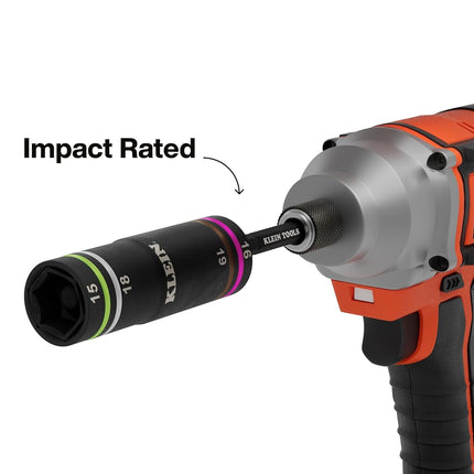 Klein Tools 6513MQS KNECT Impact-Rated Quad Socket Set, 4-In-1 Flip Socket Driver, Color-Coded, Heavy Duty Multi Tool, 3/8-Inch Drive, Metric 15mm, 16mm, 18mm, 19mm, KNECT Multi-Purpose Adapter