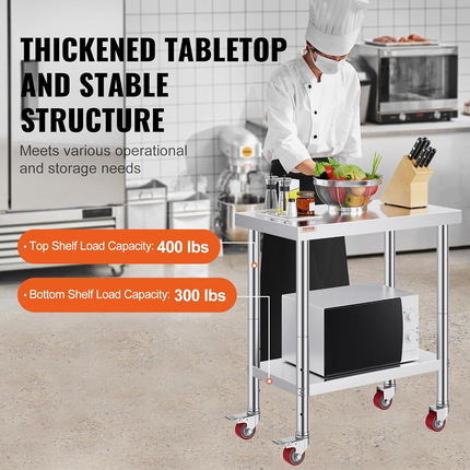 VEVOR Stainless Steel Catering Work Table 76(L) x60(W) x80(H) cm Commercial Work Table with 4 Wheels Commercial Food Prep Workbench with Flexible Adjustment Shelf for Kitchen Prep Table