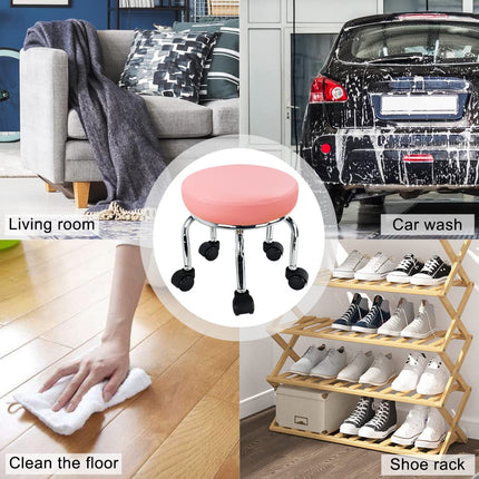 WKWKER Modern Roller Seat PU Leather Low Round Rolling Stool 360 Swivel Small Stool with Universal Caster Wheels for Home Office Garage Shop Fitness Sport H:12.4" (Pink)