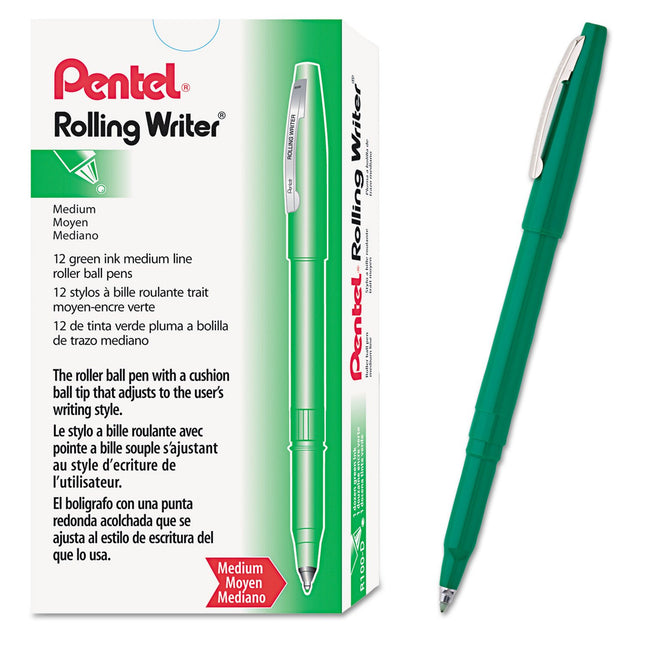 Pentel R100D Rolling Writer Stick Roller Ball Pen, 8mm, Green Barrel/Ink (Pack of 12)