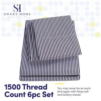 King Size Bed Sheets - 6 Piece 1500 Supreme Collection Fine Brushed Microfiber Deep Pocket King Sheet Set Bedding - 2 Extra Pillow Cases, Great Value, King, Classic Stripe Navy