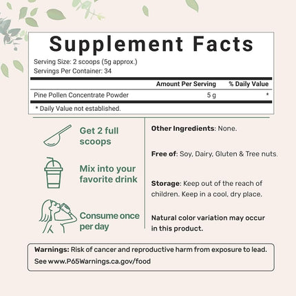 USDA Organic Pure Pine Pollen Powder, 6 Ounce, Supports Immune System Health, Boosts Energy, Antioxidant and Androgenic, No GMOs and Vegan Friendly